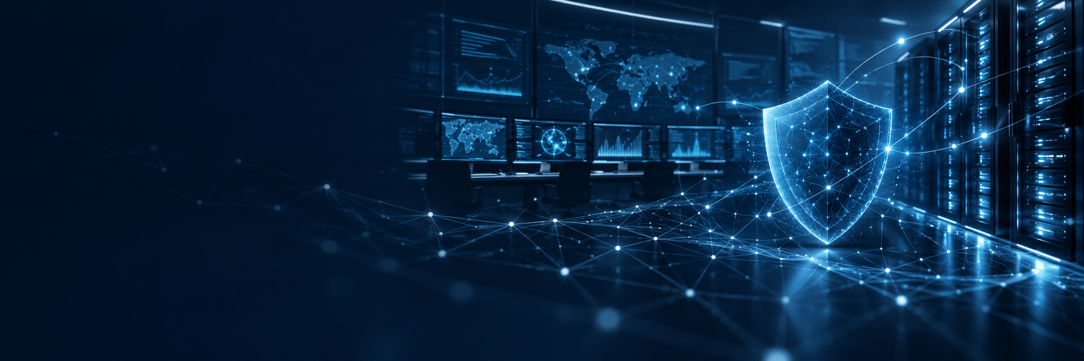 Konzeptionelle Blue-Team-Netzwerkübersicht mit Security Operations Center, vernetzten Systemen und Schutzschild
